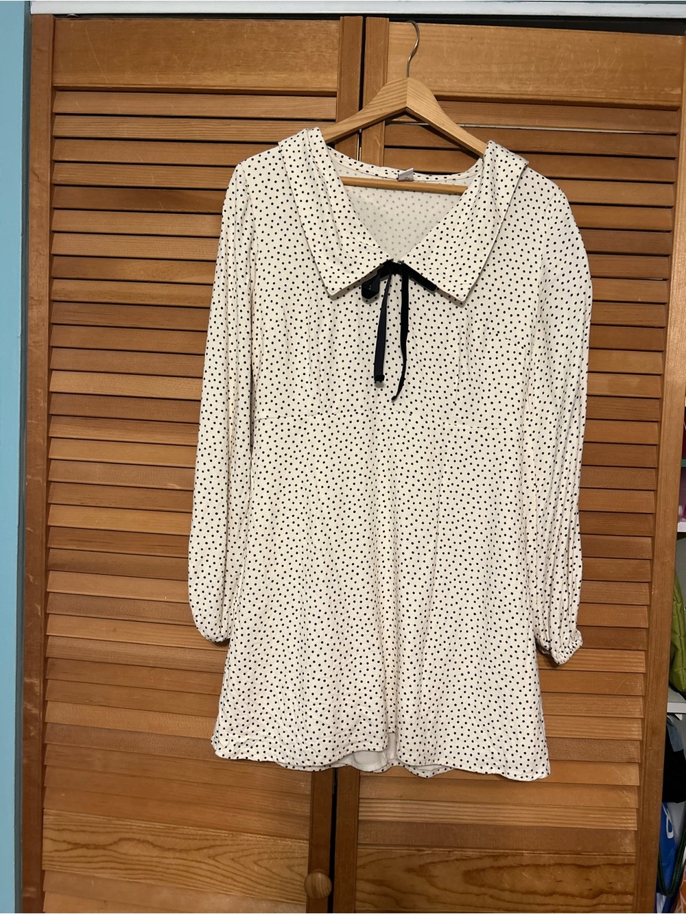 Old Navy Cream Polka Dot Long-Sleeve Dress with Black Tie